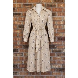 Vintage Floral Shirt Dress Tan Long Sleeve Belted Midi Retro 70s Cottagecore